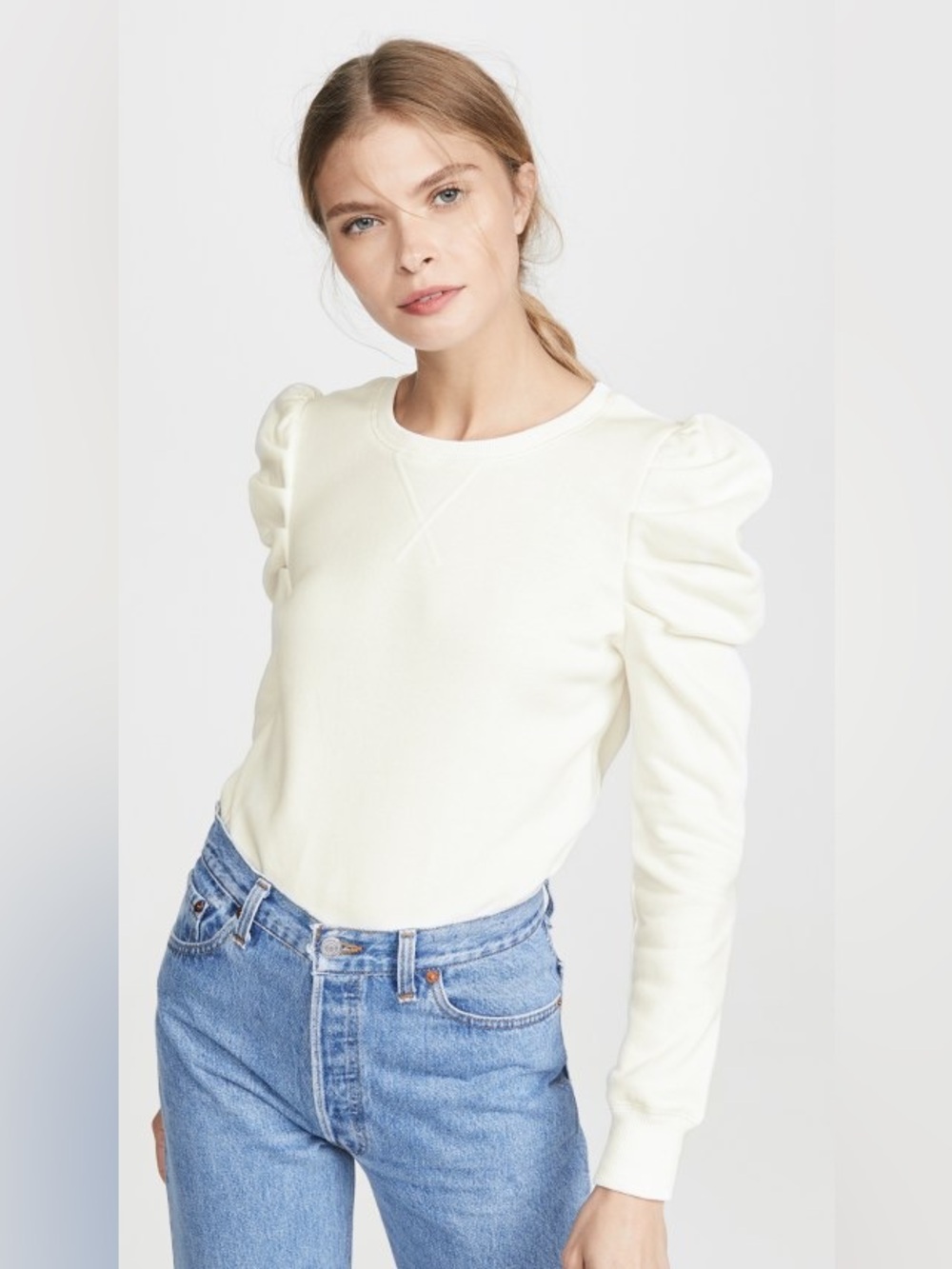 Rebecca Minkoff Janine Puff Sleeve Crewneck Sweatashirt in White